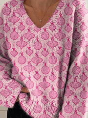 Pink Christmas Decoration Pattern Printed Casual V-Neck Pullover Knit