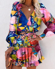 Multicolor Floral Print Skinny Waist Long Sleeve Mini Dress