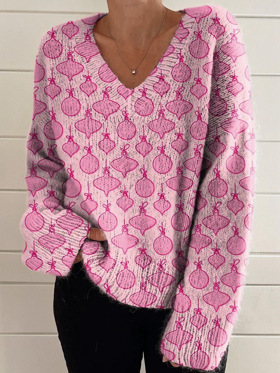 Pink Christmas Decoration Pattern Printed Casual V-Neck Pullover Knit