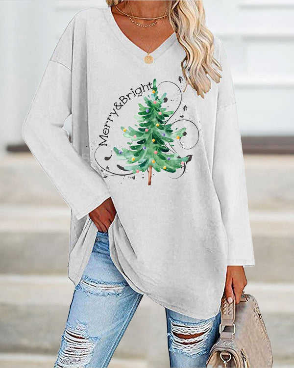 Merry And Bright Christmas Tree🎄 Print Casual Long-Sleeve T-Shirt