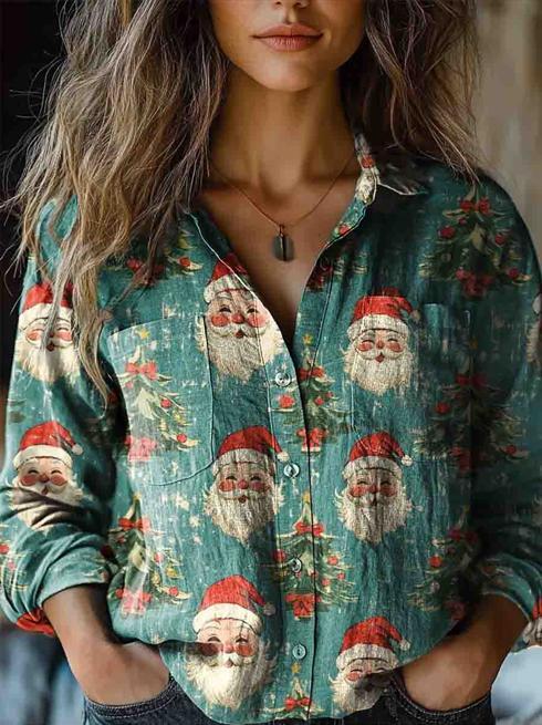 Vintage Fun Christmas Santa Art Print Casual Long Sleeve Comfortable Cotton Shirt