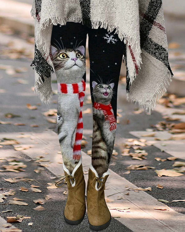 Cat Christmas Snowflake Leggings