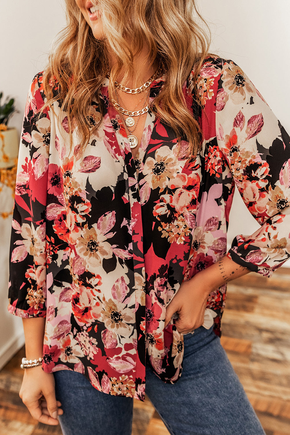Floral Buttoned 3/4 Sleeve Shirt