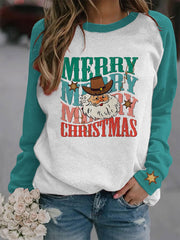 Christmas Cowboy Santa Print Casual Crew Neck Sweatshirt