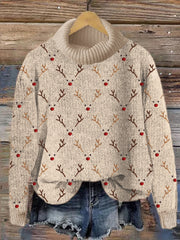 Christmas Reindeer Faces Embroidery Pattern Turtle Neck Cozy Sweater
