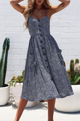 Tiny Floral Print Shirred Spaghetti Beach Midi Dress