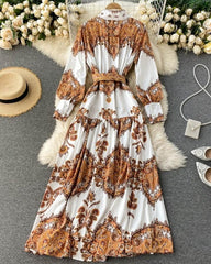 Vintage All Over Print Long Sleeve Maxi Dress With Belt