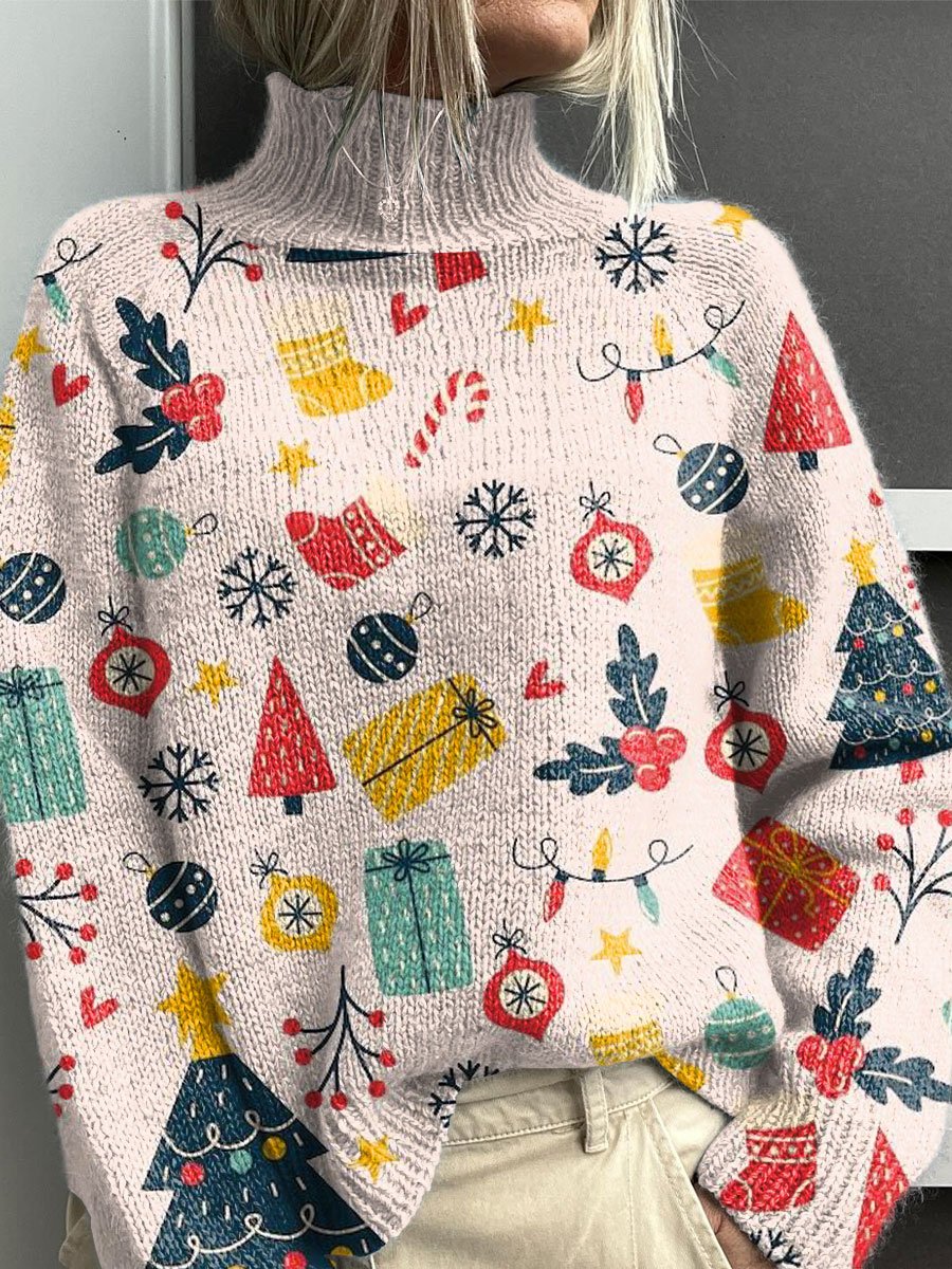 Colorful Christmas Items Christmas Print Knit Turtleneck Pullover Sweater