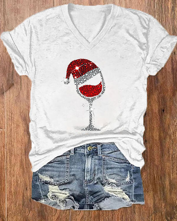 Merry Christmas Wine Glass V-Neck Top