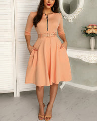 Solid Zipper Up Belted Pleated Casual Dress