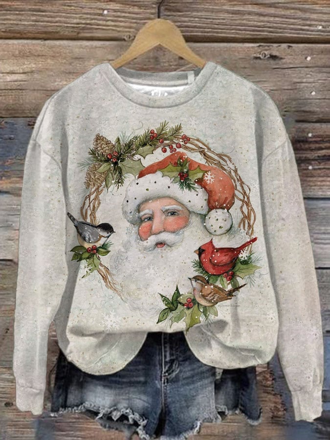 Vintage Santa Bird Wreath Print Crew Neck Sweatshirt