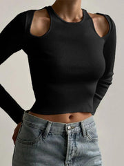 Solid Cutout Cropped Long Sleeve Knit