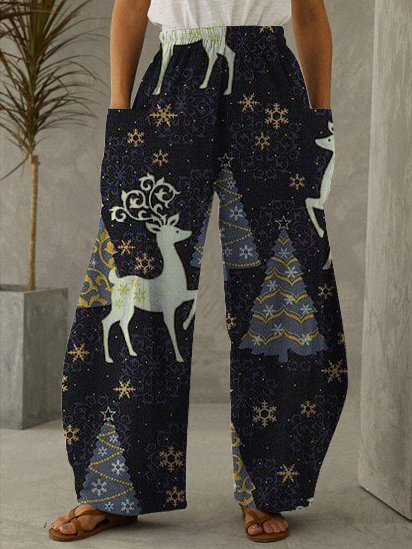 Christmas Tree Elk Print Casual Pants