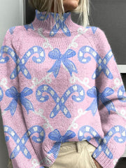 Christmas Candy Bow Art Print Knit Turtleneck Pullover Sweater