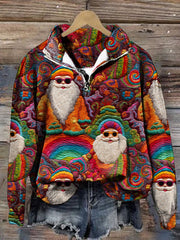 Christmas Colorful Santa Claus Printed Zipper Lapel Casual Sweatshirt