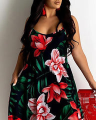 Floral Leaf Print Spaghetti Strap Maxi Dress