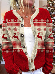 Christmas Reindeer Round Neck Long Sleeve Cardigan