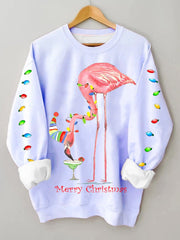 Merry Christmas Flamingo Fun Print Casual Sweatshirt