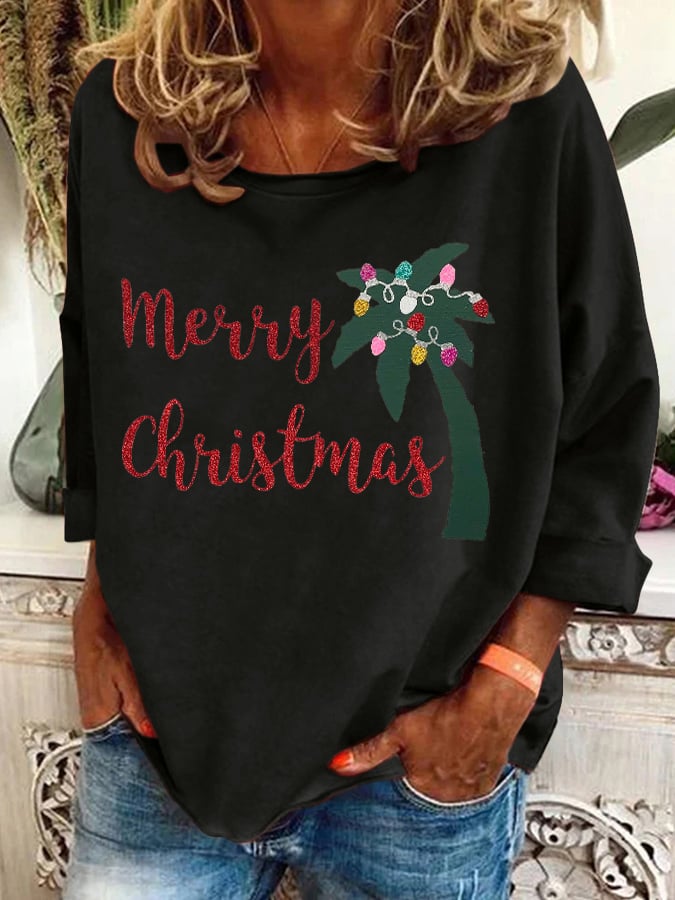Retro Palm Tree Merry Chrismas Printed Sweatshirt
