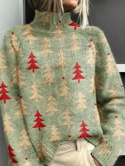 Vintage Christmas Tree Print Knit Turtleneck Pullover Sweater