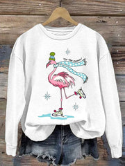 Christmas Flamingo Print Crew Neck Sweatshirt