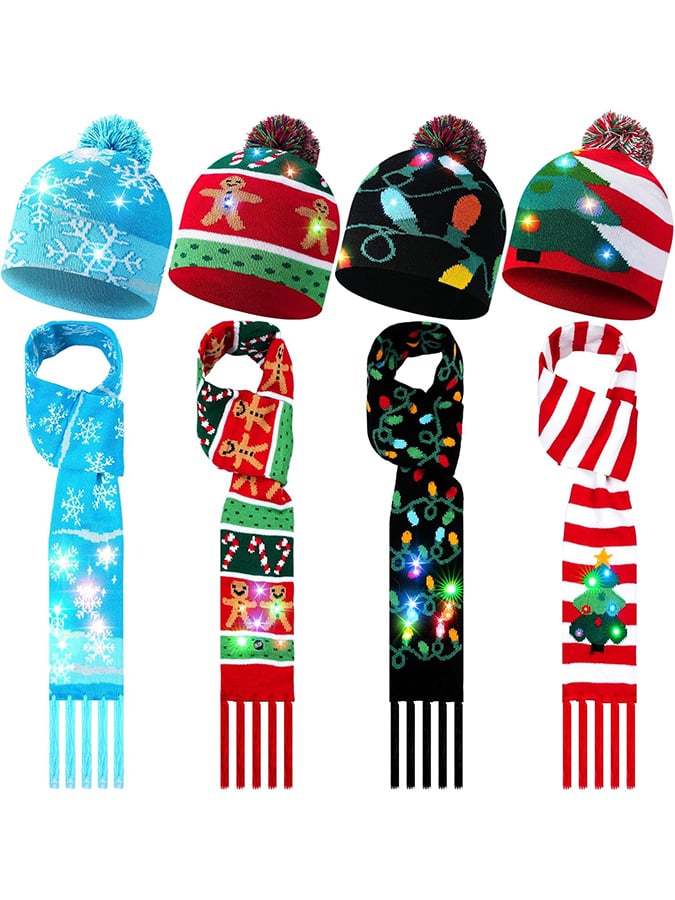 2 Pieces Christmas Led Light-Up Hats Xmas Light Up Scarf For Christmas Party