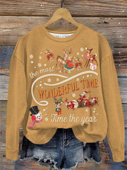 Santa Snowman Reindeer Print Round Neck Long Sleeve Top