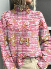 Vintage Pink Christmas Striped Bow Art Print Knit Turtleneck Pullover Sweater