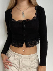 Solid Lace Trim Splice U Neck Long Sleeve Knit