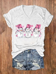 Pink Christmas Snowman Print V-Neck T-Shirt