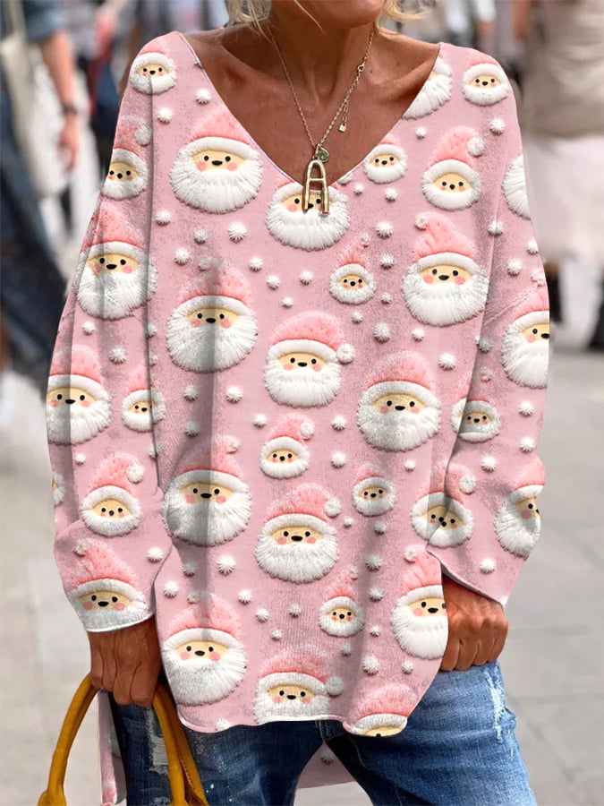 Women's French cashmere top with Santa Claus print and V-neck