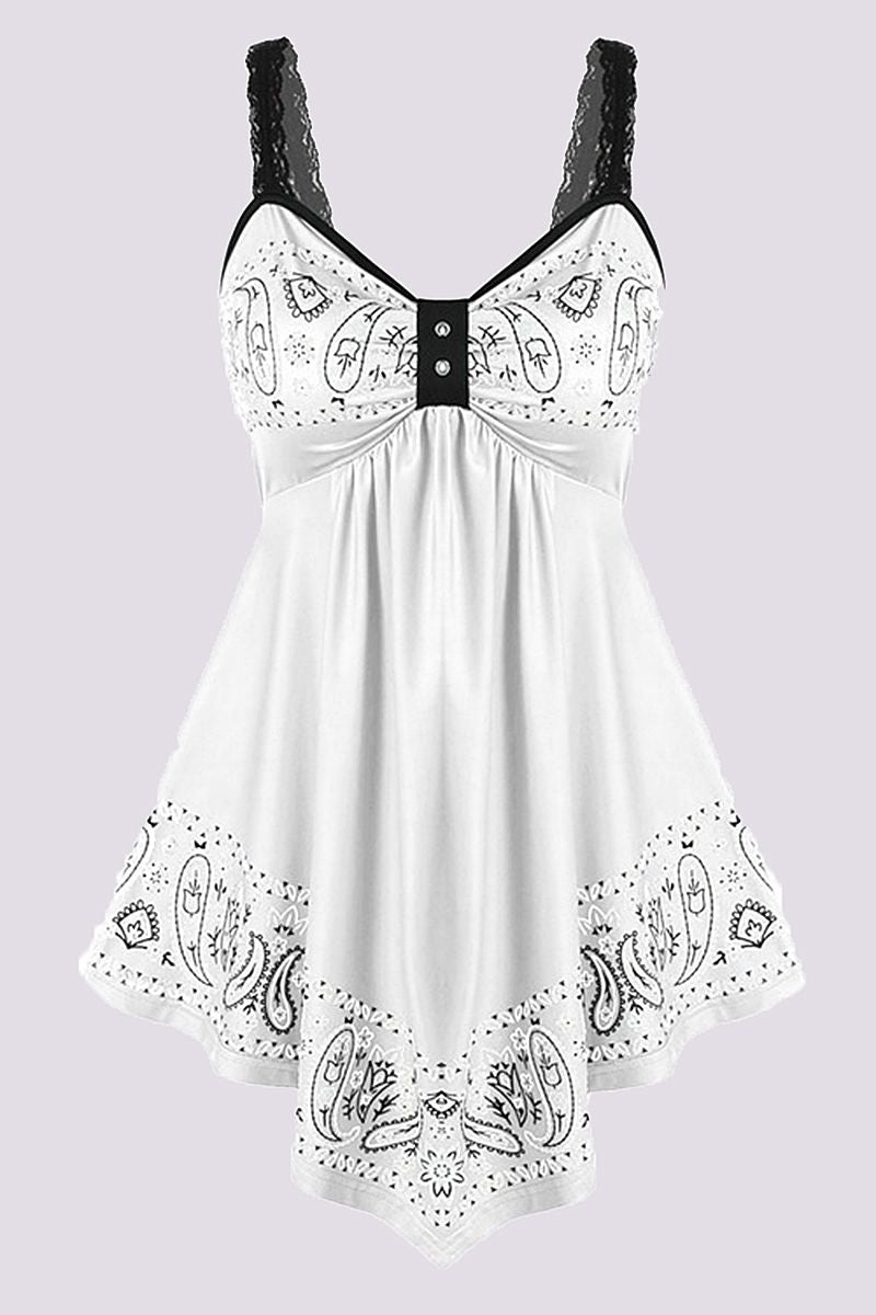 Paisley Print Contrast Lace Hanky Hem Mini Dress