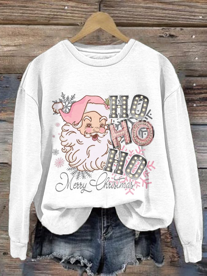 Pink Santa Ho Ho Ho Merry Christmas Print Sweatshirt