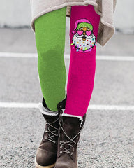 Pink Shiny Santa Color Block Casual Leggings