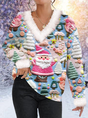 Pink Santa Print Fur Collar Sweatshirt