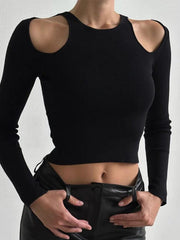 Solid Cutout Cropped Long Sleeve Knit