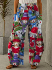 Christmas Cute Snowman Print Casual Wide Leg Pants