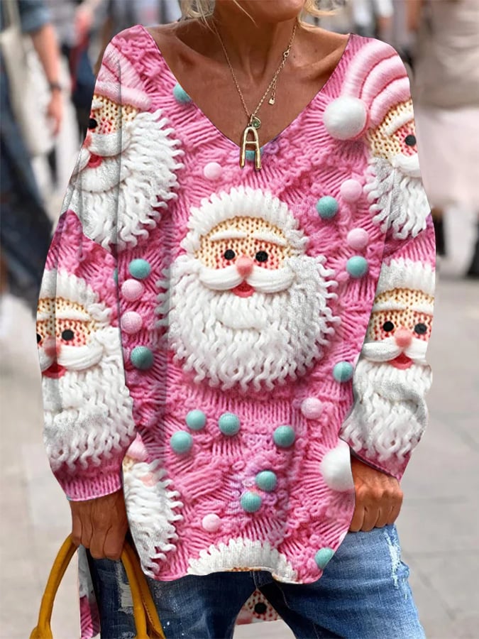 Women's Pink Santa Claus Print Christmas Casual V-Neck Top