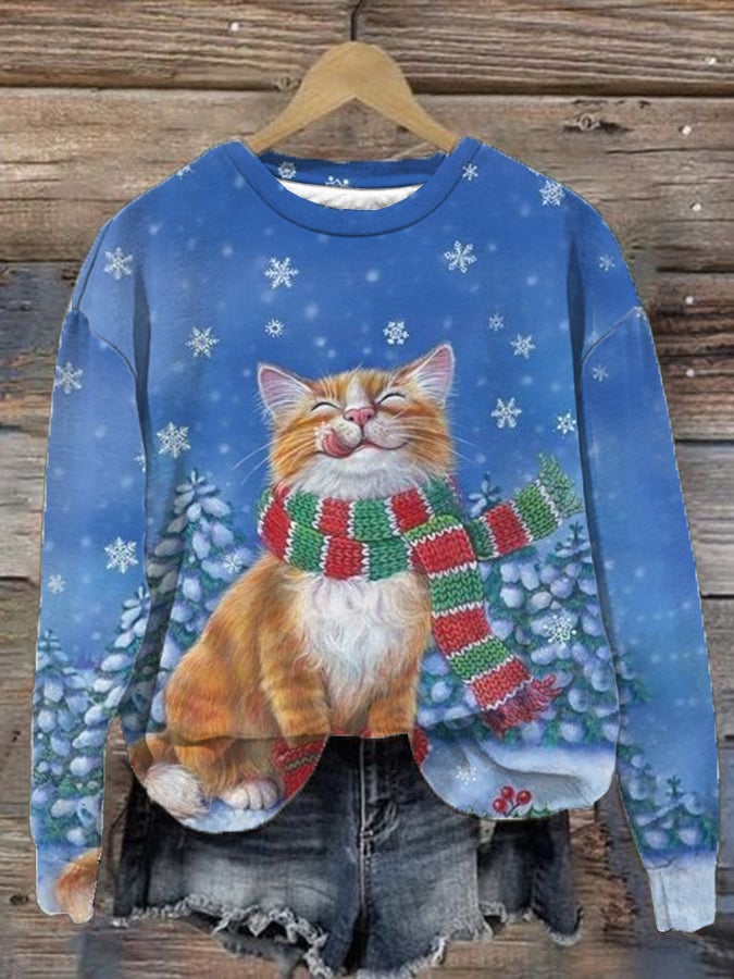 Christmas Cat Print Casual Sweatshirt