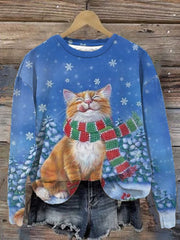 Christmas Cat Print Casual Sweatshirt