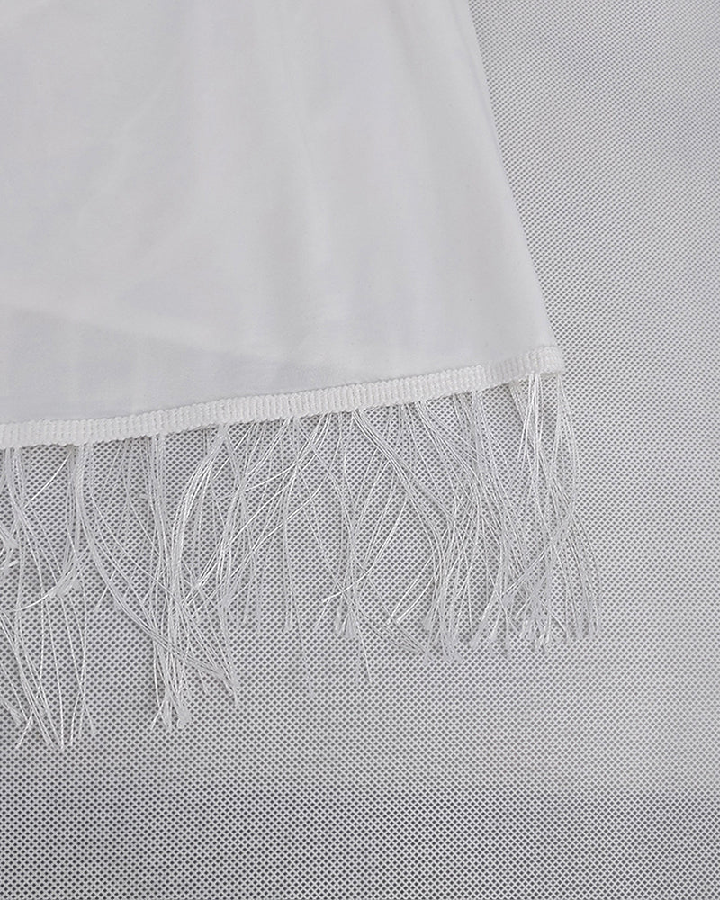 Shirred Panel Fringe Hem Strapless Dress
