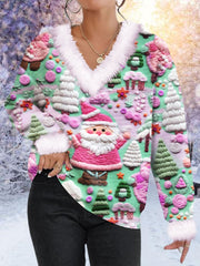 Pink Santa Print Fur Collar Sweatshirt