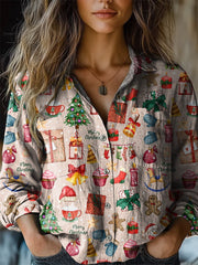 Watercolor Christmas Pattern Printed Casual Long Sleeve Comfortable Cotton Shirt