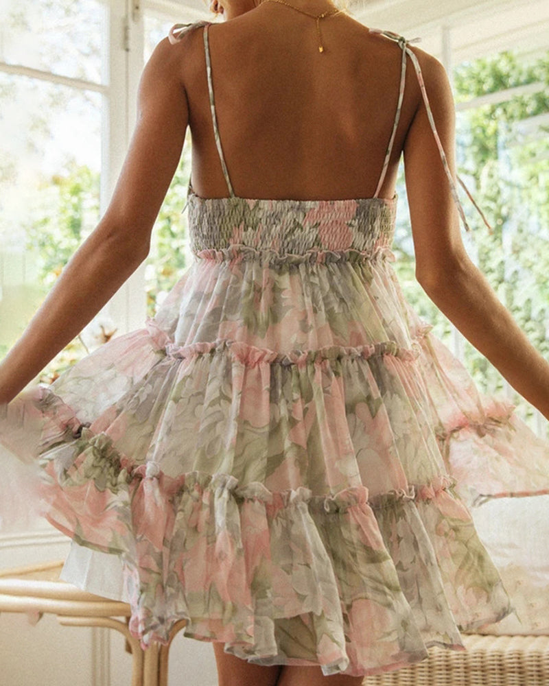 Floral Print Shirred Waist Ruffle Hem Self Tie Smock Dress
