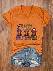 Happy Hallothanksmas Funny Cows Print V-Neck T-Shirt