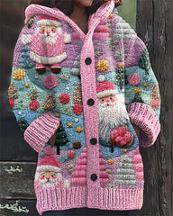Christmas Pink Santa Claus Print Casual Hooded Cardigan