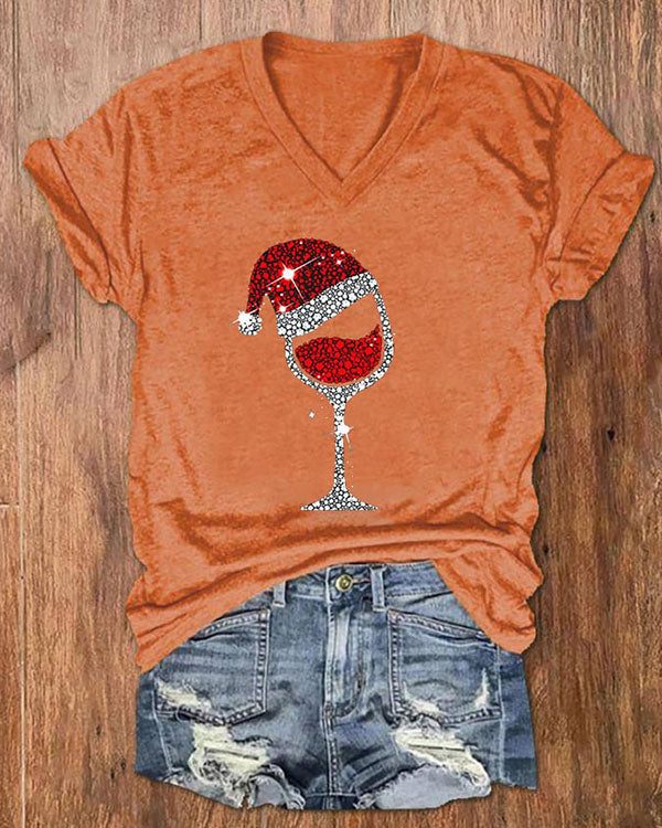 Merry Christmas Wine Glass V-Neck Top