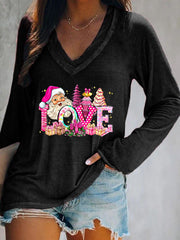 Love Pink Santa Print Long Sleeve V-Neck T-Shirt