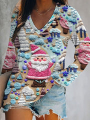 Women's Christmas Pink Santa V-Neck Top