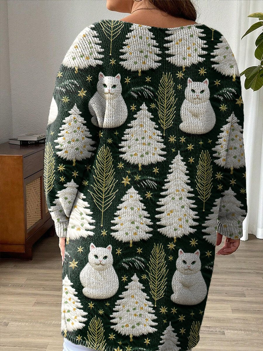 Lovely Christmas Tree Cats Art Print Casual Pullover Sweater Dress